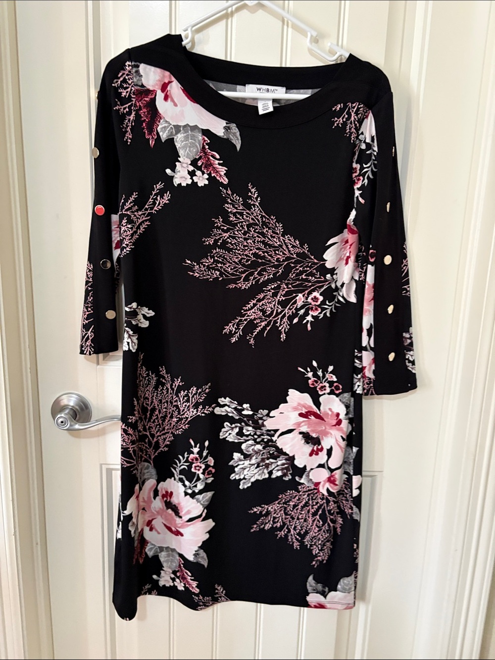 White House Black Market Black Floral Shift Dress with Pink and White Blooms